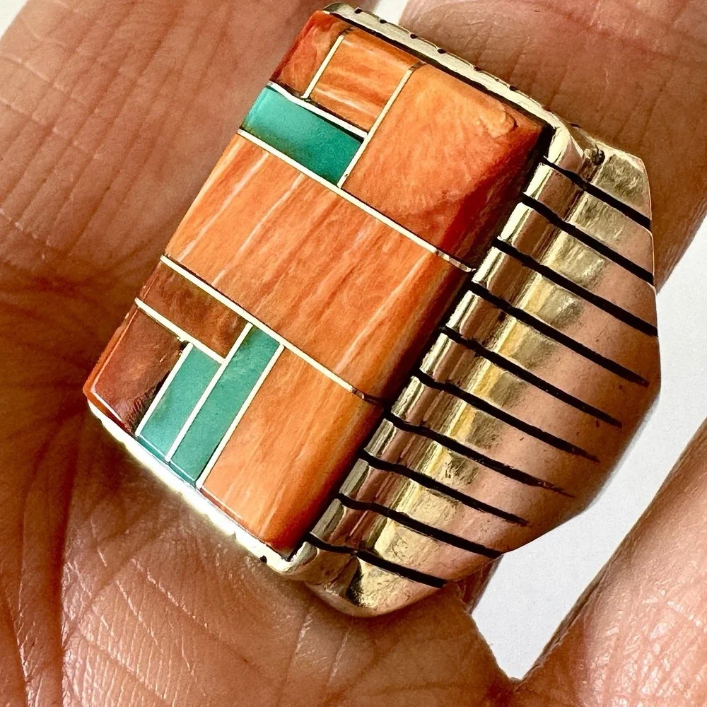 Turquoise Multi Stone Inlay Mens Ring Sz‎ 12 Navajo Sterling Signed T Jack 25mm